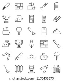 thin line vector icon set - spatula vector, ladle, knife, grater, toaster, dish, pen, award cup, gold ingot, hand trainer, consolidated cargo, battery, tooth implant, fridge, meat grinder, blender