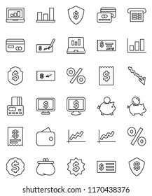 thin line vector icon set - graph vector, laptop, credit card, crisis, piggy bank, check, receipt, dollar medal, shield, monitor, wallet, percent