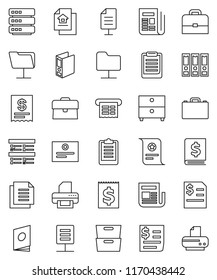 thin line vector icon set - case vector, clipboard, certificate, archive, exam, annual report, binder, receipt, document, newspaper, network folder, big data, estate, catalog, printer