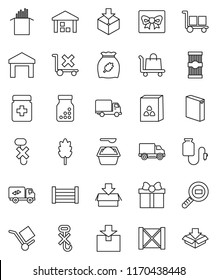 thin line vector icon set - washing powder vector, cereal, pasta, delivery, wood box, cargo, no trolley, hook, warehouse, package, search, pills bottle, drop counter, relocation truck, gift