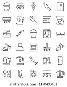thin line vector icon set - vacuum cleaner vector, bucket, kettle, scales, oven, blender, air conditioner, fridge, washer, coffee maker, hood
