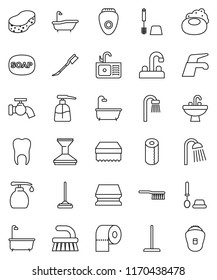 thin line vector icon set - soap vector, water tap, fetlock, mop, sponge, car, bath, toilet brush, liquid, paper, shower, sink, tooth, epilator