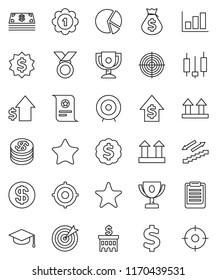 thin line vector icon set - graduate hat vector, clipboard, award cup, certificate, graph, pie, japanese candle, money bag, dollar growth, bank building, target, medal, sign, stairways run, top