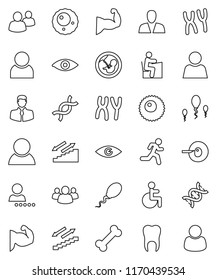 thin line vector icon set - student vector, muscule hand, stairways run, bone, client, group, disabled, eye, dna, pregnancy, insemination, chromosomes, sperm, ovule, tooth, user, login, consumer