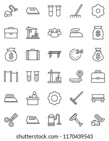 thin line vector icon set - scraper vector, vacuum cleaner, rake, iron, student, case, money bag, horizontal bar, big scales, group, vial, scissors, gear, bench, construction crane, 24 hour