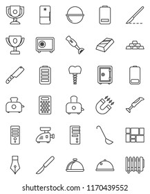 thin line vector icon set - camping cauldron vector, ladle, knife, grater, toaster, blender, dish, pen, award cup, magnet, gold ingot, safe, consolidated cargo, battery, scalpel, tooth implant
