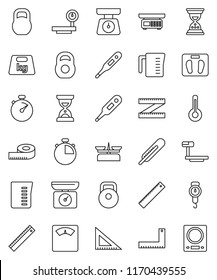 thin line vector icon set - measuring cup vector, scales, corner ruler, sand clock, stopwatch, weight, big, thermometer, store, kitchen