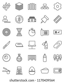 thin line vector icon set - foam basin vector, cook timer, press, knife, grater, paper pin, dollar coin, man, sand clock, hierarchy, stadium, stopwatch, water bottle, phone, disk, flask, potion