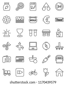 thin line vector icon set - vacuum cleaner vector, cereal, student, compass, euro sign, bike, boxing glove, medal, breads, route, office, calendar, glass, cargo, tulip, camera, notebook pc, jack