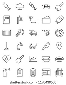 thin line vector icon set - mop vector, sprayer, water closet, blender, plates, sieve, cake, glasses, graph, clipboard, heart cross, map pin, sea container, clock, no trolley, big scales, battery