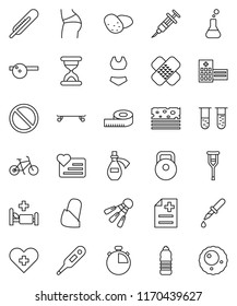 thin line vector icon set - potato vector, measuring, stopwatch, bike, weight, buttocks, swimsuite, skateboard, water bottle, breads, shuttlecock, prohibition sign, heart monitor, cross, thermometer