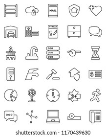 thin line vector icon set - water tap vector, archive, constellation, pie graph, bank building, receipt, clock, sand, heart cross, run, shelving, dialog, notebook pc, eye doctor hat, hospital, fan