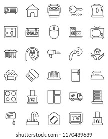 thin line vector icon set - iron vector, steaming, house hold, water tap, oven, tv, plan, sold signboard, apartments, office building, cushioned furniture, relocation truck, fireplace, smart home