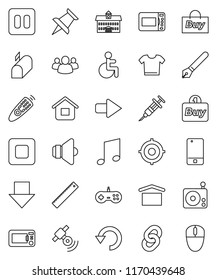 thin line vector icon set - pen vector, university, ruler, music, target, arrow down, dry cargo, radio, satellitie, speaker, remote control, mobile phone, group, thumbtack, pause button, stop, undo