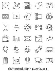 thin line vector icon set - cinema clap vector, film spool, music hit, camera, microphone, newspaper, tv, settings, equalizer, video, internet, dialog, monitor, notebook pc, link, speaker, thumbtack