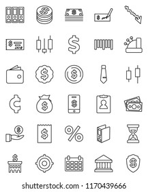 thin line vector icon set - bank vector, dollar coin, japanese candle, wallet, crisis, money bag, investment, check, building, receipt, target, binder, sand clock, medal, personal information, tie