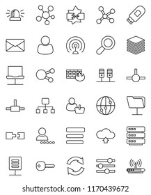 thin line vector icon set - antenna vector, internet, social media, connect, network, server, notebook, disconnection, folder, big data, equalizer, menu, firewall, usb modem, refresh, cloud upload