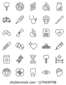 thin line vector icon set - school building vector, disabled, heart pulse, cross, thermometer, eye, gender sign, syringe, crutches, scalpel, broken bone, sand clock, patch, stethoscope, pills, tooth