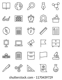 thin line vector icon set - book vector, pen, school building, corner ruler, glasses, student, telescope, microscope, calculator, notebook pc, alarm clock, schedule, clipboard, compass, medal, world
