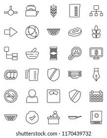 thin line vector icon set - plates vector, pan, kettle, colander, measuring cup, pasta, steak, pen, student, calendar, monitor dollar, scales, cereals, no smoking, protected, mortar, connect, shield