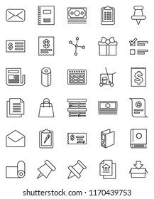 thin line vector icon set - cleaner trolley vector, toilet paper, copybook, schedule, pin, certificate, constellation, exam, cash, check, receipt, binder, clipboard, fitness mat, money, document