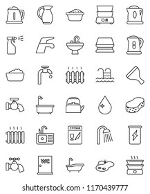 thin line vector icon set - scraper vector, water tap, sponge, drop, bath, foam basin, sprayer, shower, closet, sink, kettle, double boiler, jug, enegry drink, pool, pond, supply, heating