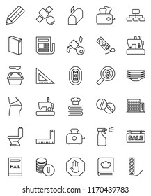 thin line vector icon set - toilet vector, washing powder, sprayer, plates, cookbook, pencil, corner ruler, coin stack, money search, hierarchy, buttocks, stadium, satellite, newspaper, pills, stop