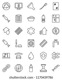 thin line vector icon set - scraper vector, water drop, car fetlock, window cleaning, toilet brush, washer, foam basin, shining, blender, exchange, dollar growth, monitor, bottle, internet, chain