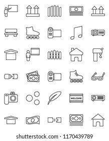 thin line vector icon set - welcome mat vector, pen, blackboard, glasses, music, cash, roller Skates, money, dry cargo, top sign, share, home, bench, connection, water supply, fence, camera, video