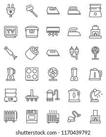 thin line vector icon set - vacuum cleaner vector, iron, kettle, oven, double boiler, table lamp, tv, rca, power plug, multi cooker, blender, air conditioner, fan, heater, fireplace
