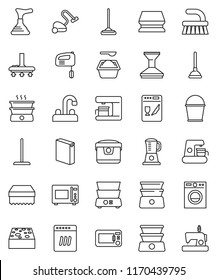 thin line vector icon set - plunger vector, vacuum cleaner, fetlock, mop, bucket, sponge, car, washing powder, water tap, microwave oven, double boiler, washer, dishwasher, mixer, coffee maker