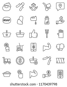 thin line vector icon set - soap vector, cleaner trolley, foam basin, rubber glove, house hold, hand mill, mixer, dollar coin, investment, trainer, muscule, boxing, traking, cargo, touchscreen
