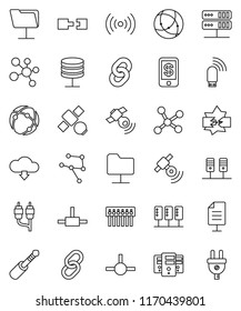 thin line vector icon set - molecule vector, satellite, satellitie, link, rca, jack, connect, connection, network, server, disconnection, folder, hub, usb modem, cloud download, chain, document