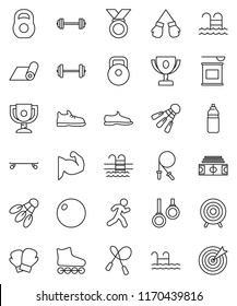 thin line vector icon set - award cup vector, barbell, stadium, weight, jump rope, fitball, muscule hand, snickers, boxing glove, roller Skates, skateboard, target, medal, sports nutrition, pool