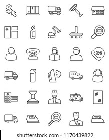 thin line vector icon set - scraper vector, vacuum cleaner, car fetlock, window cleaning, iron, steaming, agent, shining, dollar cursor, phone 24, support, delivery, cargo search, doctor, amkbulance