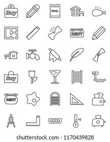 thin line vector icon set - water tap vector, splotch, washboard, rolling pin, thermometer, chicken leg, pen, pencil, corner ruler, drawing compass, glass, tulip, big scales, hdmi, broken bone, plan