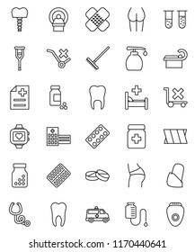 thin line vector icon set - rake vector, liquid soap, pills vial, buttocks, heart monitor, no trolley, crutches, patch, stethoscope, bottle, blister, anamnesis, hospital bed, building, tomography