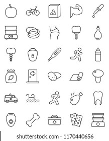 thin line vector icon set - oil vector, double boiler, cereal, mushroom, potato, chicken leg, diet, bike, muscule hand, buttocks, water bottle, fitness mat, breads, bone, hoop, run, doctor bag, pool