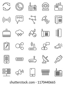 thin line vector icon set - satellite vector, clipboard, satellitie, loudspeaker, mobile phone, speaking man, hdmi, network, server, cloud exchange, hub, router, lan connector, share, message, mail