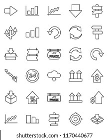 thin line vector icon set - graph vector, crisis, percent growth, dollar, target, arrow down, signpost, top sign, package, sorting, refresh, redo, undo, cloud upload, route, low price signboard