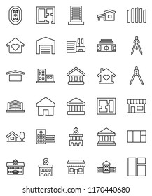 thin line vector icon set - university vector, school building, drawing compass, bank, stadium, dry cargo, hospital, home, cottage, chalet, barn, fence, plan, apartments, office, love, store, mall