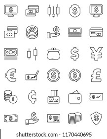 thin line vector icon set - exchange vector, dollar coin, japanese candle, credit card, cash, investment, stack, check, shield, monitor, euro sign, pound, yen, cent, money, wallet