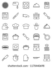 thin line vector icon set - pan vector, cook hat, apron, glove, timer, whisk, spatula, knife, oven, double boiler, cookbook, sieve, dish, mixer, multi cooker, toaster