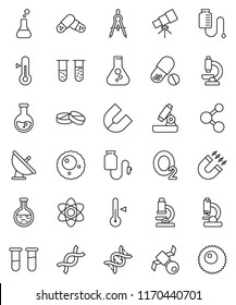 thin line vector icon set - thermometer vector, drawing compass, atom, telescope, microscope, magnet, flask, pills, molecule, oxygen, satellite, antenna, vial, dna, drop counter, ovule