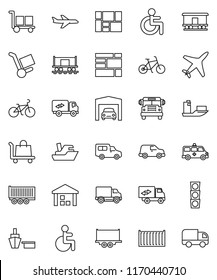 thin line vector icon set - school bus vector, bike, Railway carriage, plane, traffic light, ship, truck trailer, sea container, delivery, car, port, consolidated cargo, warehouse, disabled, garage