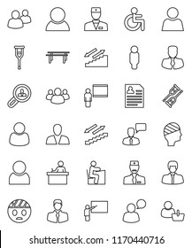 thin line vector icon set - blackboard vector, student, manager, man, personal information, horizontal bar, stairways run, client, speaking, group, disabled, doctor, crutches, head bandage, user