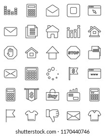 thin line vector icon set - calculator vector, flag, arrow up, dollar, document, equalizer, finger down, mail, stop button, browser, home, loading, house, buy, clothes