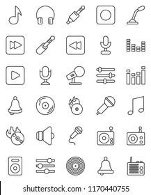 thin line vector icon set - bell vector, music, disk, hit, microphone, radio, speaker, equalizer, headphones, play button, forward, backward, rec, jack