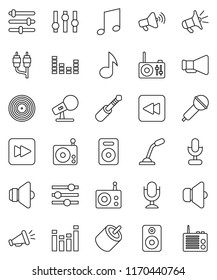 thin line vector icon set - music vector, disk, microphone, radio, speaker, loudspeaker, settings, equalizer, forward button, backward, rca, jack