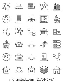 thin line vector icon set - molecule vector, bank, building, hierarchy, dna, chromosomes, ovule, connect, big data, plan, apartments, office, home